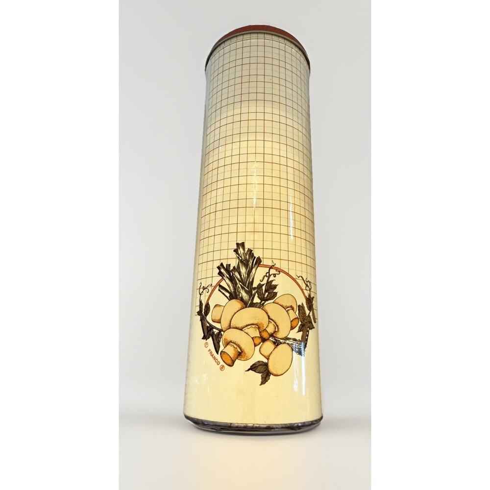 Vintage 1970s Franco Mushroom Cylinder Round Tall Tin Can Canister 11”x3.5”